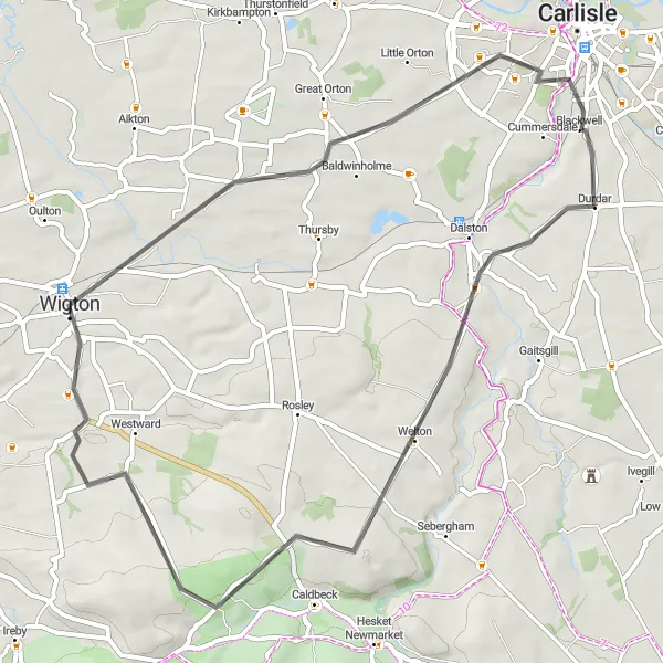 Map miniature of "The Countryside Escape" cycling inspiration in Cumbria, United Kingdom. Generated by Tarmacs.app cycling route planner