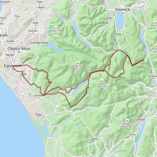 Map miniature of "The Gravel Grind" cycling inspiration in Cumbria, United Kingdom. Generated by Tarmacs.app cycling route planner