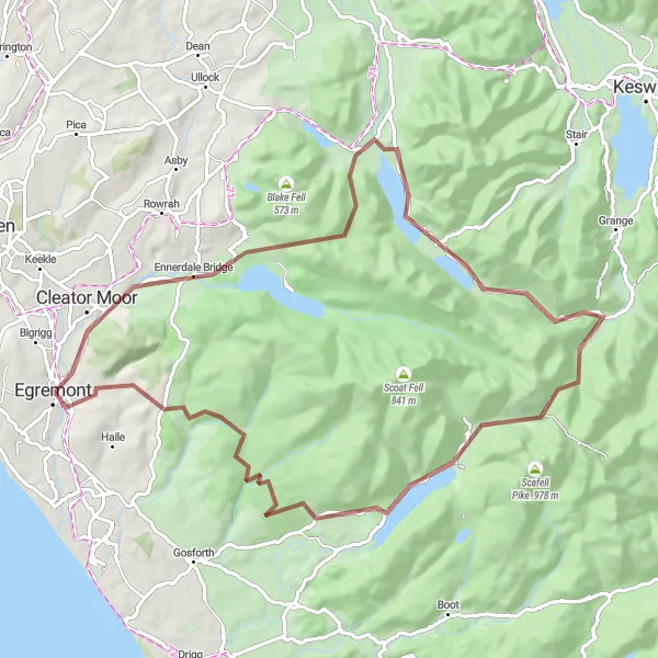 Map miniature of "Ennerdale Bridge and the Beautiful Route" cycling inspiration in Cumbria, United Kingdom. Generated by Tarmacs.app cycling route planner