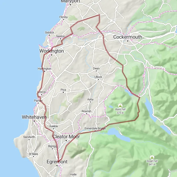 Map miniature of "Gravel Adventure: Egremont to Ennerdale Bridge Loop" cycling inspiration in Cumbria, United Kingdom. Generated by Tarmacs.app cycling route planner