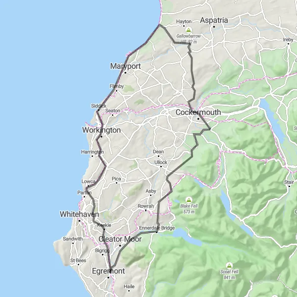 Map miniature of "The Lowca Loop" cycling inspiration in Cumbria, United Kingdom. Generated by Tarmacs.app cycling route planner