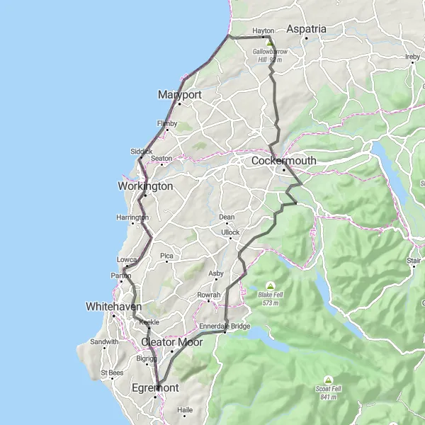 Map miniature of "Egremont to Cockermouth Epic Ride" cycling inspiration in Cumbria, United Kingdom. Generated by Tarmacs.app cycling route planner