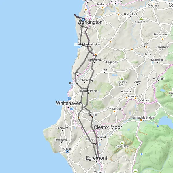 Map miniature of "Egremont to Lowca Loop" cycling inspiration in Cumbria, United Kingdom. Generated by Tarmacs.app cycling route planner