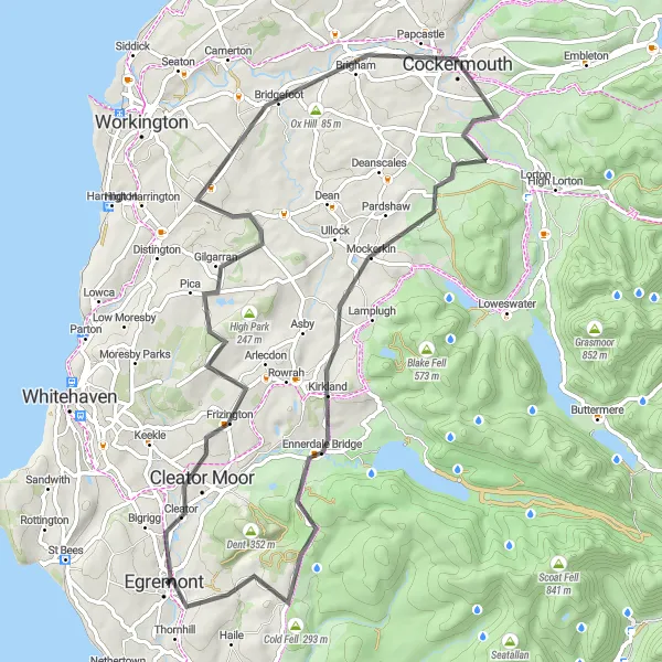Map miniature of "Egremont Loop via Weddicar Rigg and Roundclose Hill" cycling inspiration in Cumbria, United Kingdom. Generated by Tarmacs.app cycling route planner