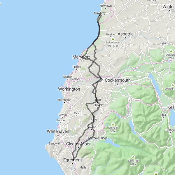 Map miniature of "Egremont to Cleator Challenge" cycling inspiration in Cumbria, United Kingdom. Generated by Tarmacs.app cycling route planner