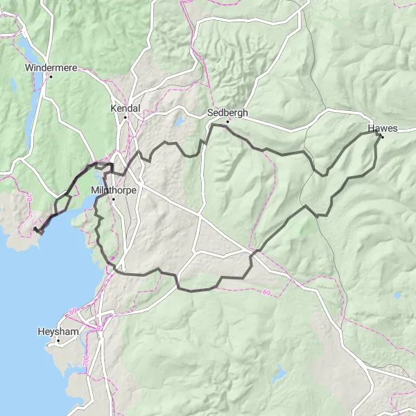 Map miniature of "Grand Tour of Cumbria Road Cycling Adventure" cycling inspiration in Cumbria, United Kingdom. Generated by Tarmacs.app cycling route planner