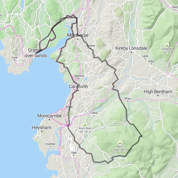 Map miniature of "Coastal Explorer" cycling inspiration in Cumbria, United Kingdom. Generated by Tarmacs.app cycling route planner