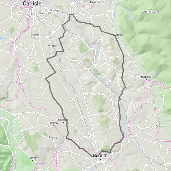 Map miniature of "The Kirkoswald Loop" cycling inspiration in Cumbria, United Kingdom. Generated by Tarmacs.app cycling route planner