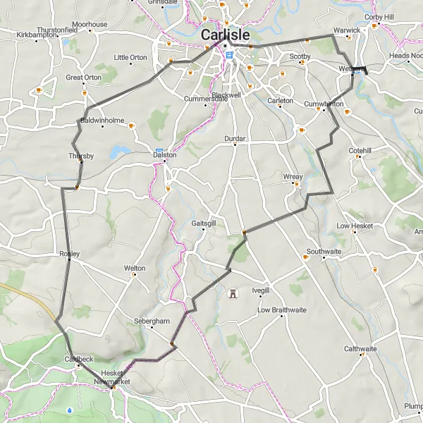 Map miniature of "The Caldbeck Loop" cycling inspiration in Cumbria, United Kingdom. Generated by Tarmacs.app cycling route planner