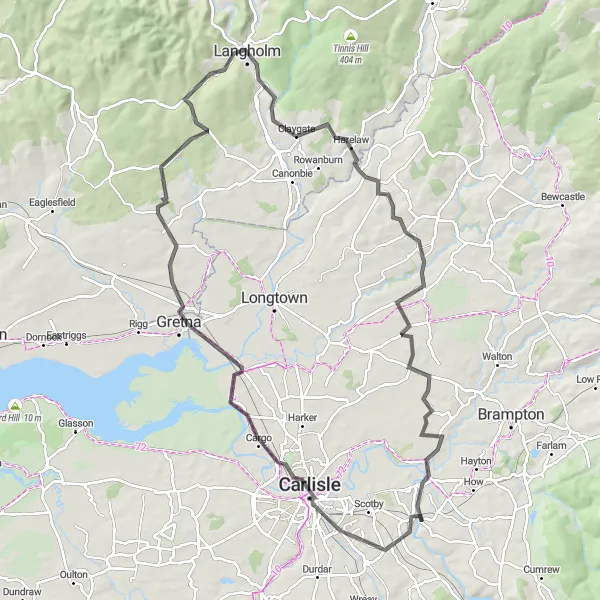 Map miniature of "The Border Adventure" cycling inspiration in Cumbria, United Kingdom. Generated by Tarmacs.app cycling route planner