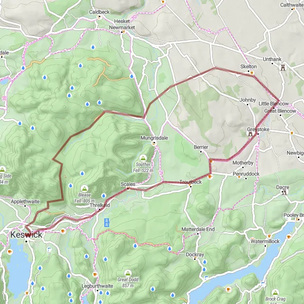 Map miniature of "Keswick Gravel Adventure Extended" cycling inspiration in Cumbria, United Kingdom. Generated by Tarmacs.app cycling route planner