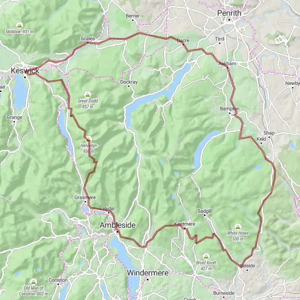 Map miniature of "Challenging Gravel Ride: Exploring the Lake District" cycling inspiration in Cumbria, United Kingdom. Generated by Tarmacs.app cycling route planner