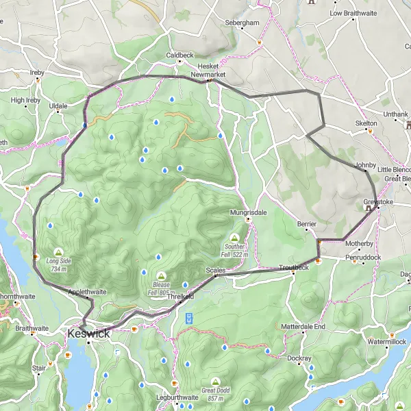 Map miniature of "Keswick and Scenic Surroundings Cycling Route" cycling inspiration in Cumbria, United Kingdom. Generated by Tarmacs.app cycling route planner