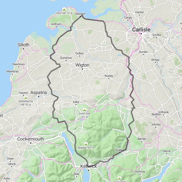 Map miniature of "Keswick Road Adventure" cycling inspiration in Cumbria, United Kingdom. Generated by Tarmacs.app cycling route planner