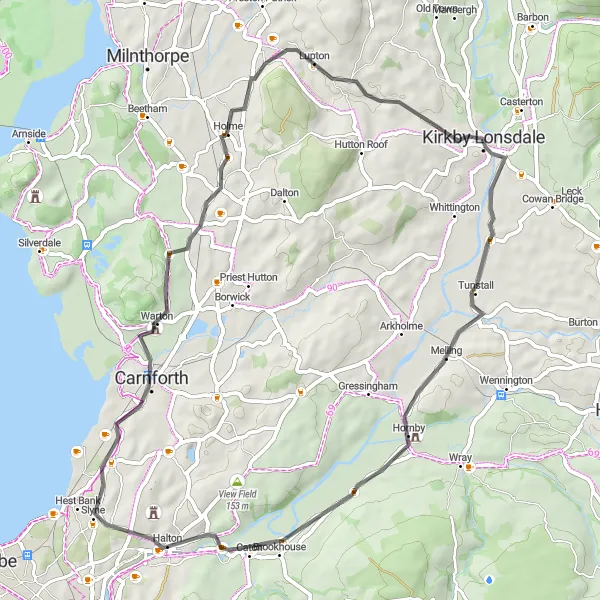 Map miniature of "Scenic Route to Farleton Fell" cycling inspiration in Cumbria, United Kingdom. Generated by Tarmacs.app cycling route planner