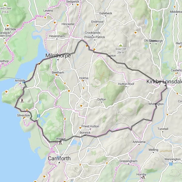 Map miniature of "Borwick to Kirkby Lonsdale Circular Route" cycling inspiration in Cumbria, United Kingdom. Generated by Tarmacs.app cycling route planner