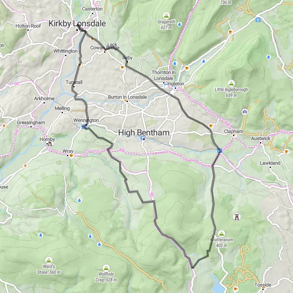 Map miniature of "Kirkby Lonsdale Gravel Adventure" cycling inspiration in Cumbria, United Kingdom. Generated by Tarmacs.app cycling route planner