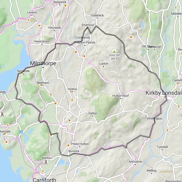 Map miniature of "Borwick to Kirkby Lonsdale Loop" cycling inspiration in Cumbria, United Kingdom. Generated by Tarmacs.app cycling route planner