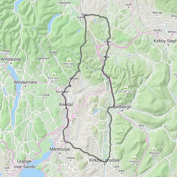 Map miniature of "The Road Explorer: Kirkby Lonsdale Adventure" cycling inspiration in Cumbria, United Kingdom. Generated by Tarmacs.app cycling route planner