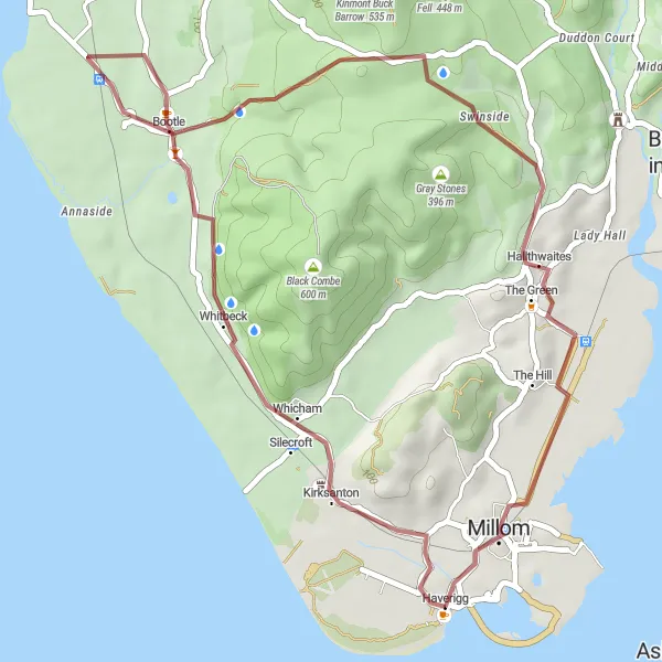 Map miniature of "Gravel Escape to Haverigg" cycling inspiration in Cumbria, United Kingdom. Generated by Tarmacs.app cycling route planner