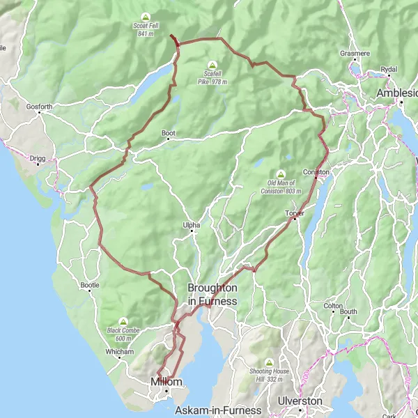 Map miniature of "Lake District Gravel Adventure" cycling inspiration in Cumbria, United Kingdom. Generated by Tarmacs.app cycling route planner