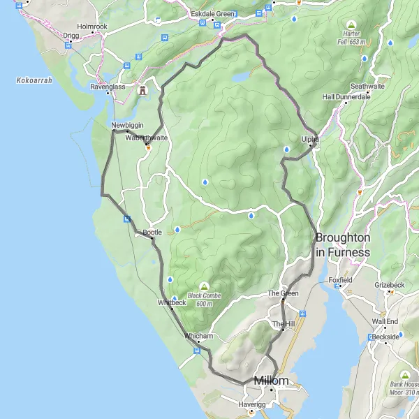 Map miniature of "The Coastal Circuit" cycling inspiration in Cumbria, United Kingdom. Generated by Tarmacs.app cycling route planner