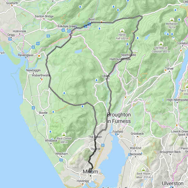 Map miniature of "Millom and Hardknott Pass Loop" cycling inspiration in Cumbria, United Kingdom. Generated by Tarmacs.app cycling route planner