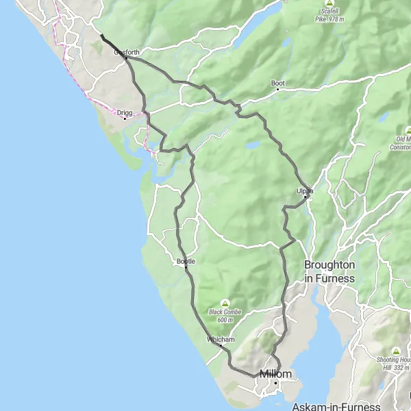 Map miniature of "The Inland Adventure" cycling inspiration in Cumbria, United Kingdom. Generated by Tarmacs.app cycling route planner