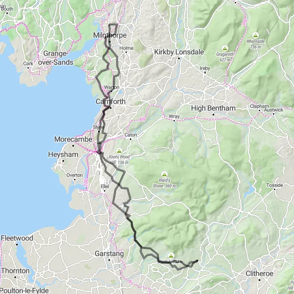 Map miniature of "The Lancashire Loop" cycling inspiration in Cumbria, United Kingdom. Generated by Tarmacs.app cycling route planner