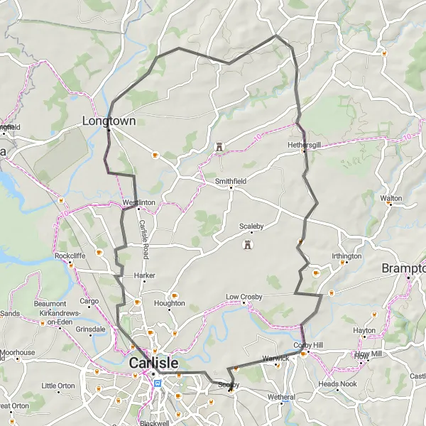 Map miniature of "Scotby to Carlisle Loop" cycling inspiration in Cumbria, United Kingdom. Generated by Tarmacs.app cycling route planner