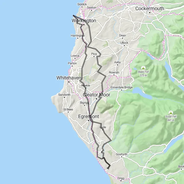 Map miniature of "Coastal Adventure" cycling inspiration in Cumbria, United Kingdom. Generated by Tarmacs.app cycling route planner