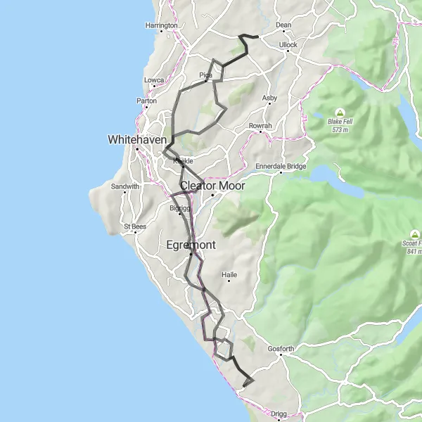 Map miniature of "West Coast Loop" cycling inspiration in Cumbria, United Kingdom. Generated by Tarmacs.app cycling route planner