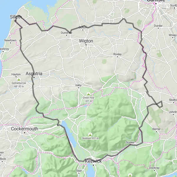 Map miniature of "The Dundraw and Keswick Challenge" cycling inspiration in Cumbria, United Kingdom. Generated by Tarmacs.app cycling route planner