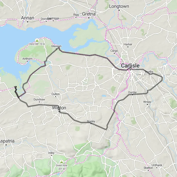 Map miniature of "Wetheral to Carlisle Loop" cycling inspiration in Cumbria, United Kingdom. Generated by Tarmacs.app cycling route planner