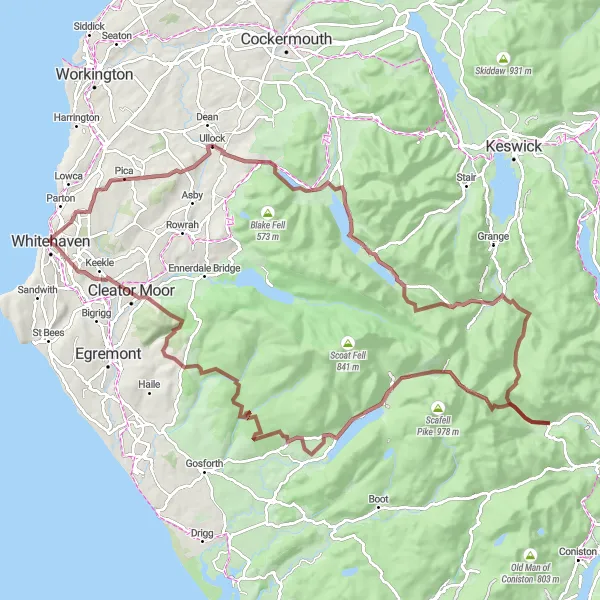 Map miniature of "Whitehaven to Wasdale Head Gravel Adventure" cycling inspiration in Cumbria, United Kingdom. Generated by Tarmacs.app cycling route planner