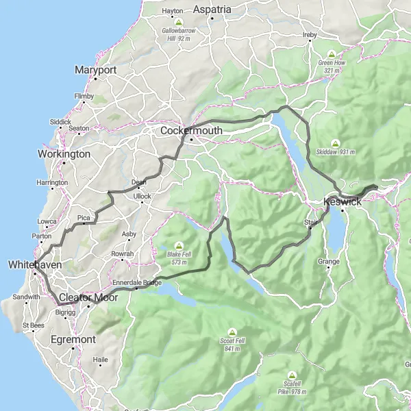 Map miniature of "Whitehaven to Corkickle Scenic Road Ride" cycling inspiration in Cumbria, United Kingdom. Generated by Tarmacs.app cycling route planner