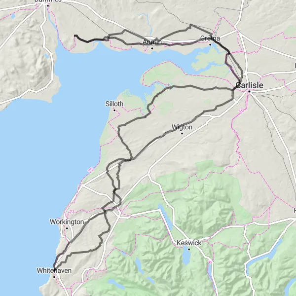 Map miniature of "The Coastal Circuit" cycling inspiration in Cumbria, United Kingdom. Generated by Tarmacs.app cycling route planner