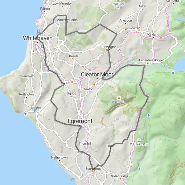 Map miniature of "Picturesque Villages - Coastal Loop" cycling inspiration in Cumbria, United Kingdom. Generated by Tarmacs.app cycling route planner
