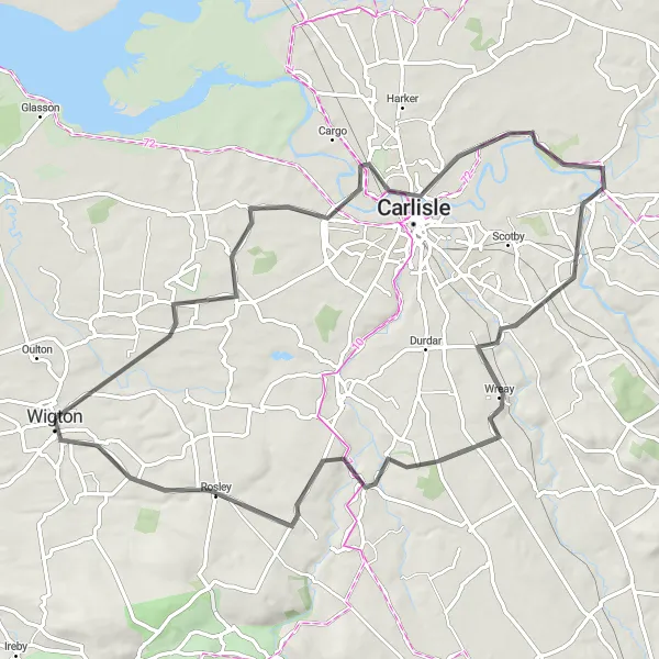 Map miniature of "Wigton to Stockdalewath Loop" cycling inspiration in Cumbria, United Kingdom. Generated by Tarmacs.app cycling route planner