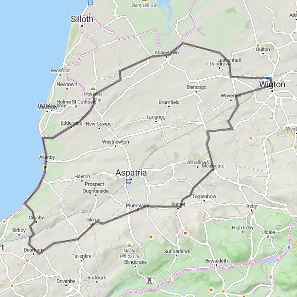 Map miniature of "Wigton to Allonby Loop" cycling inspiration in Cumbria, United Kingdom. Generated by Tarmacs.app cycling route planner