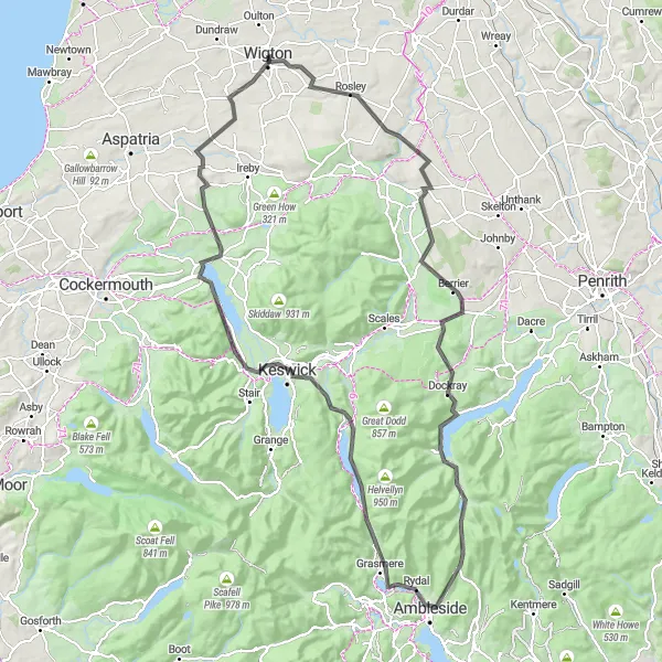 Map miniature of "Cumbrian Epic" cycling inspiration in Cumbria, United Kingdom. Generated by Tarmacs.app cycling route planner