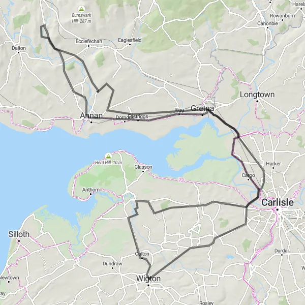 Map miniature of "Wigton Countryside" cycling inspiration in Cumbria, United Kingdom. Generated by Tarmacs.app cycling route planner