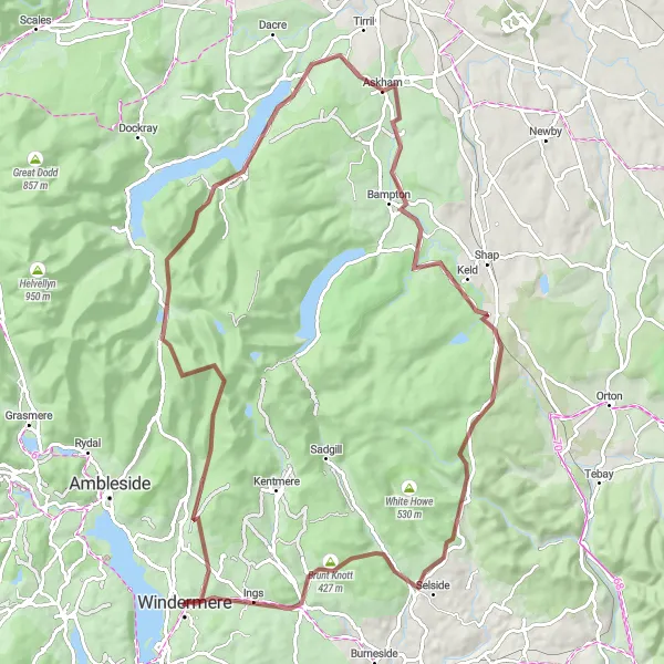 Map miniature of "Mountain Views and Gravel Adventures" cycling inspiration in Cumbria, United Kingdom. Generated by Tarmacs.app cycling route planner