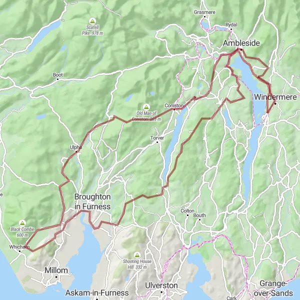 Map miniature of "The Duddon Valley Gravel Adventure" cycling inspiration in Cumbria, United Kingdom. Generated by Tarmacs.app cycling route planner