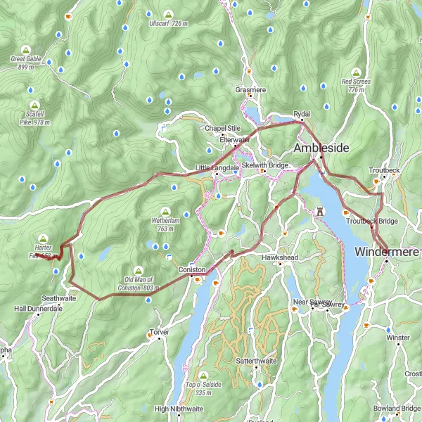 Map miniature of "The Gravel Adventure in the Lake District" cycling inspiration in Cumbria, United Kingdom. Generated by Tarmacs.app cycling route planner