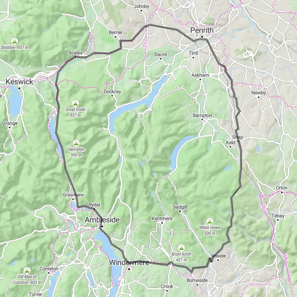 Map miniature of "The Great Lakes Loop" cycling inspiration in Cumbria, United Kingdom. Generated by Tarmacs.app cycling route planner