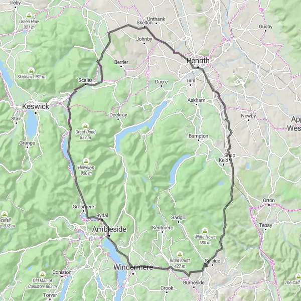 Map miniature of "The Mountain Challenge" cycling inspiration in Cumbria, United Kingdom. Generated by Tarmacs.app cycling route planner