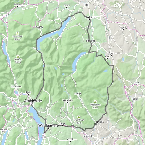 Map miniature of "Lake District Loop" cycling inspiration in Cumbria, United Kingdom. Generated by Tarmacs.app cycling route planner