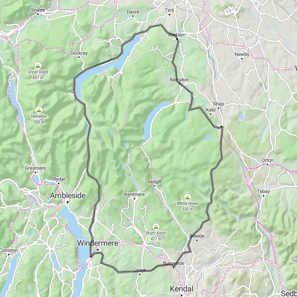 Map miniature of "Lake District Scenic Loop" cycling inspiration in Cumbria, United Kingdom. Generated by Tarmacs.app cycling route planner