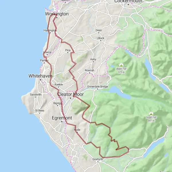 Map miniature of "Workington to Egremont Loop" cycling inspiration in Cumbria, United Kingdom. Generated by Tarmacs.app cycling route planner